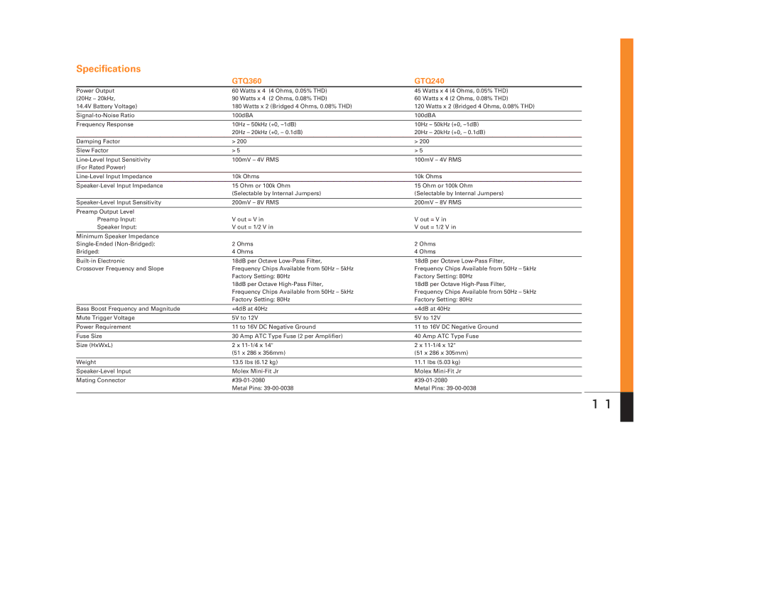 JBL owner manual Speciﬁcations, GTQ360 GTQ240 