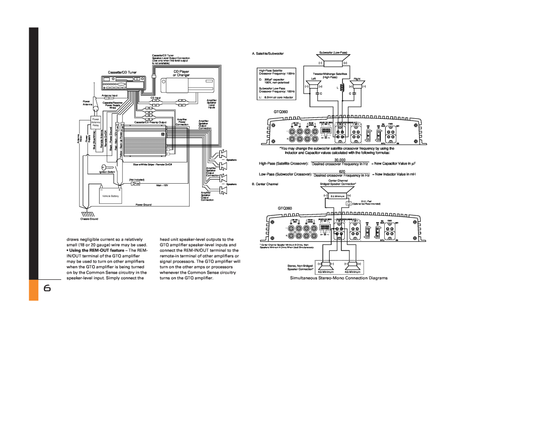 JBL GTQ360, GTQ240 owner manual Simultaneous Stereo-MonoConnection Diagrams 