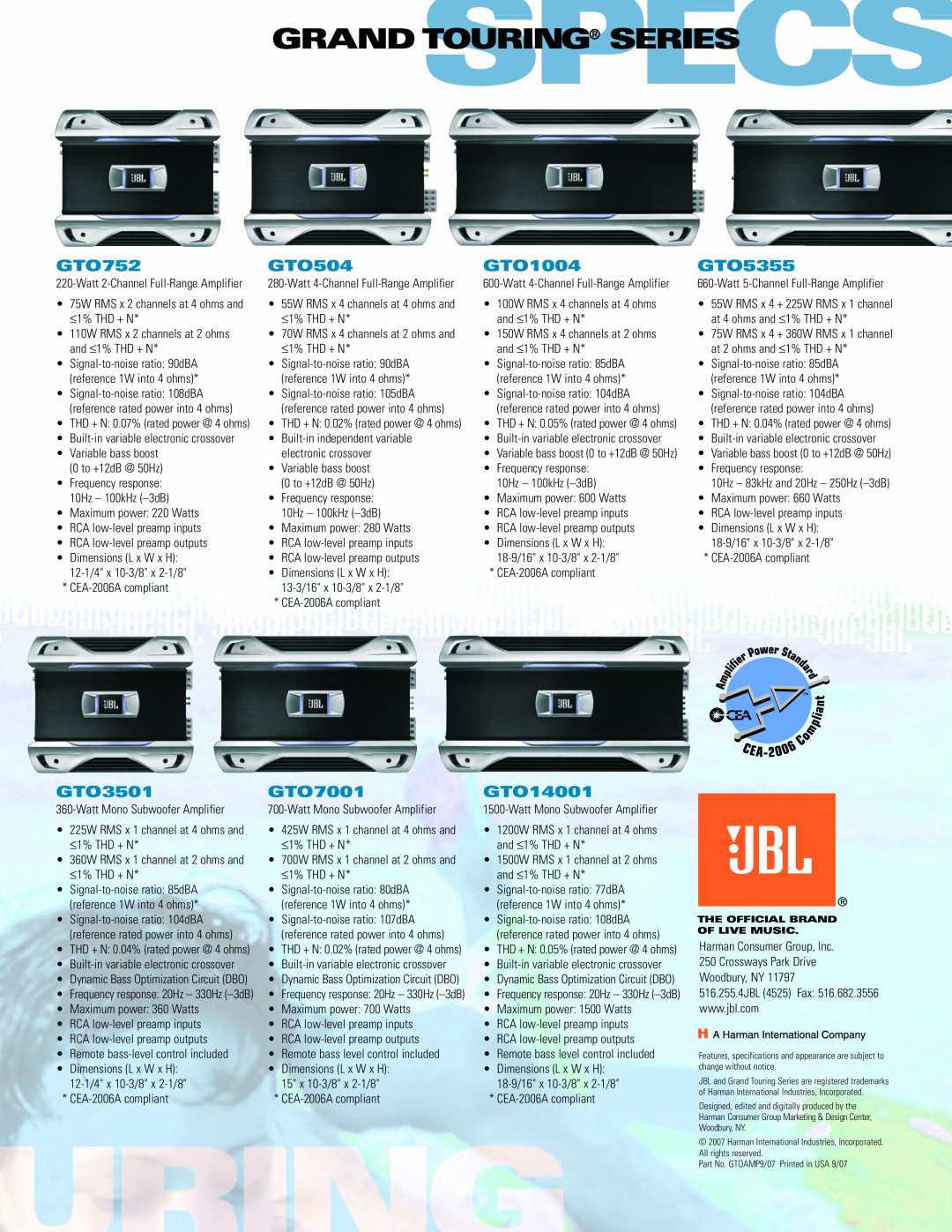 JBL GTS dimensions Grandspecstouring Series, GTO752, GTO504, GTO1004, GTO5355, GTO3501 GTO7001 GTO14001 