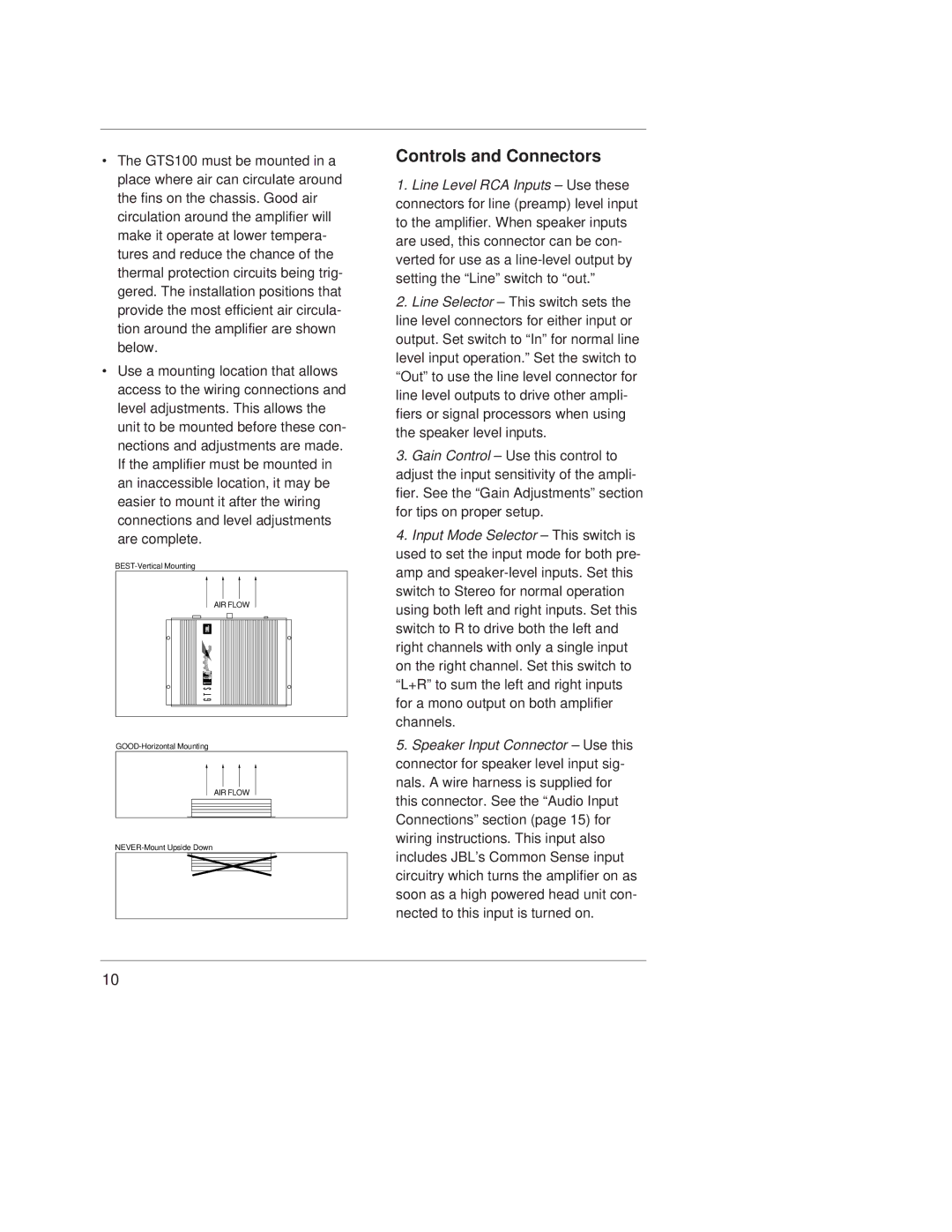 JBL GTS100 owner manual Controls and Connectors 