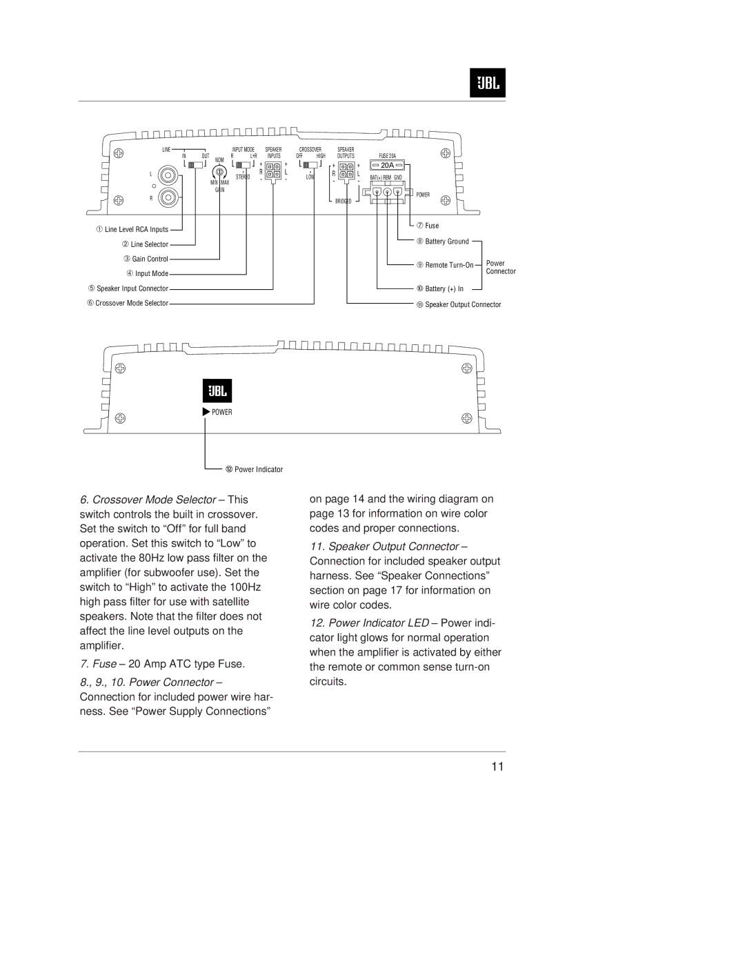 JBL GTS100 owner manual Fuse 20 Amp ATC type Fuse 