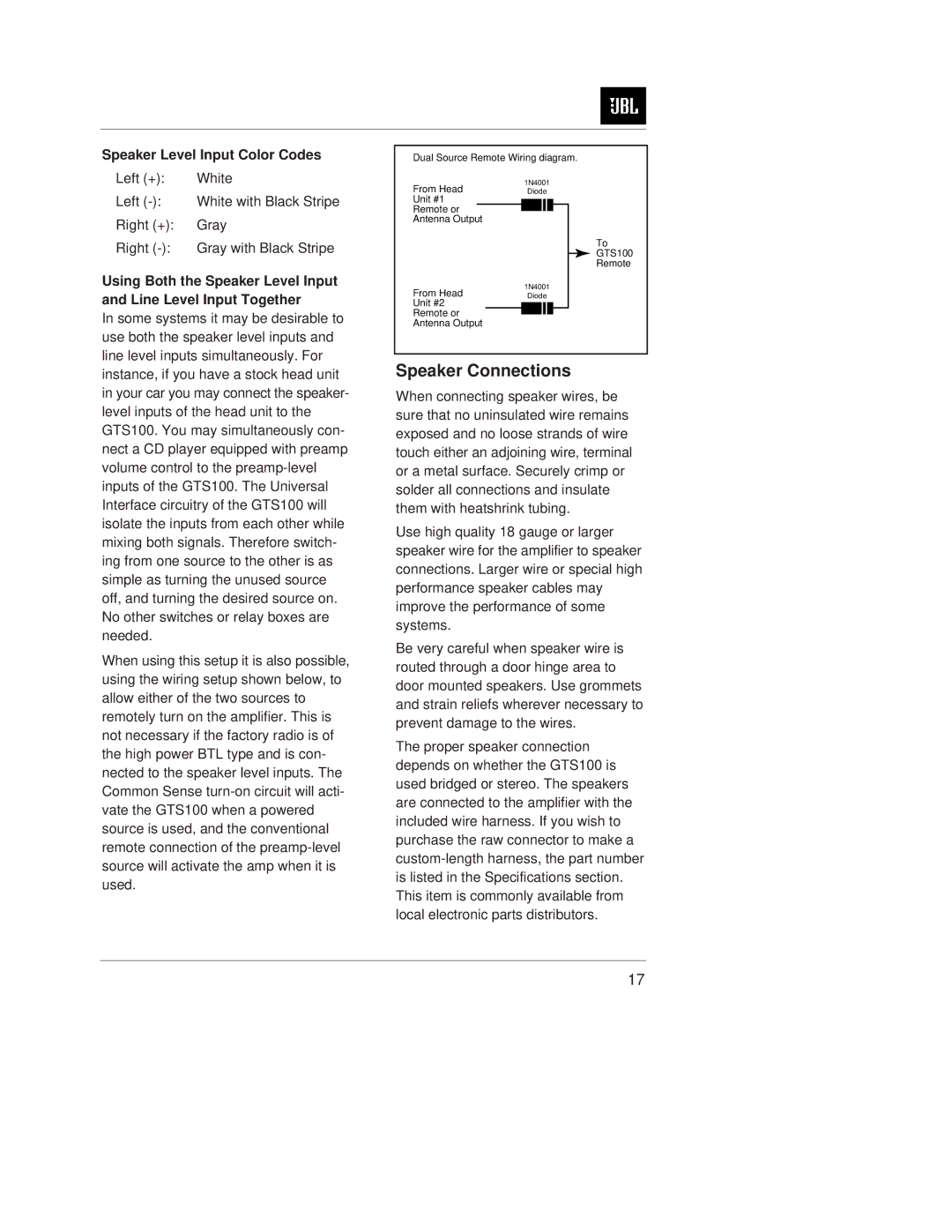 JBL GTS100 Speaker Connections, Speaker Level Input Color Codes, Left + White, Right + Gray Gray with Black Stripe 