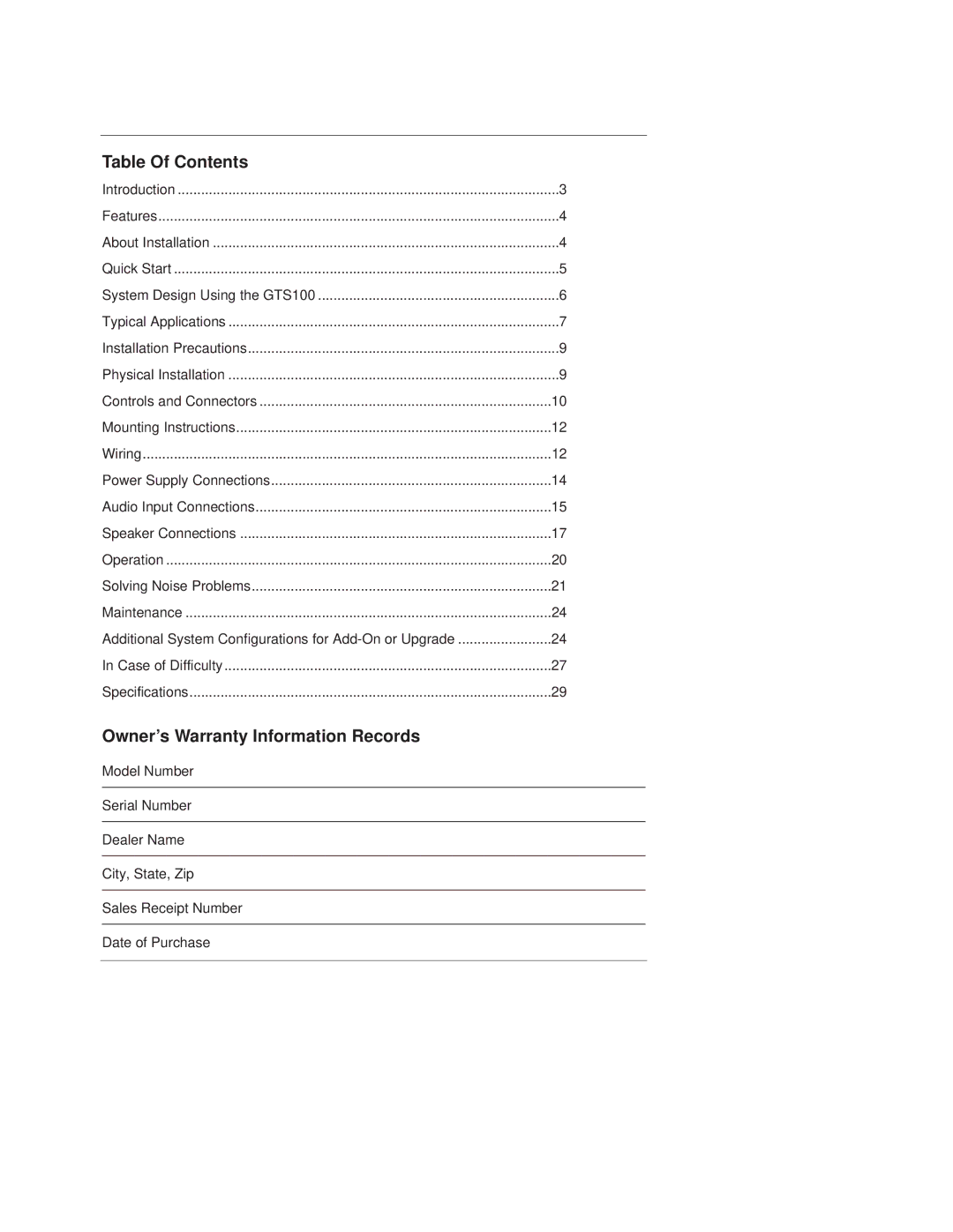 JBL GTS100 owner manual Table Of Contents, Owner’s Warranty Information Records 