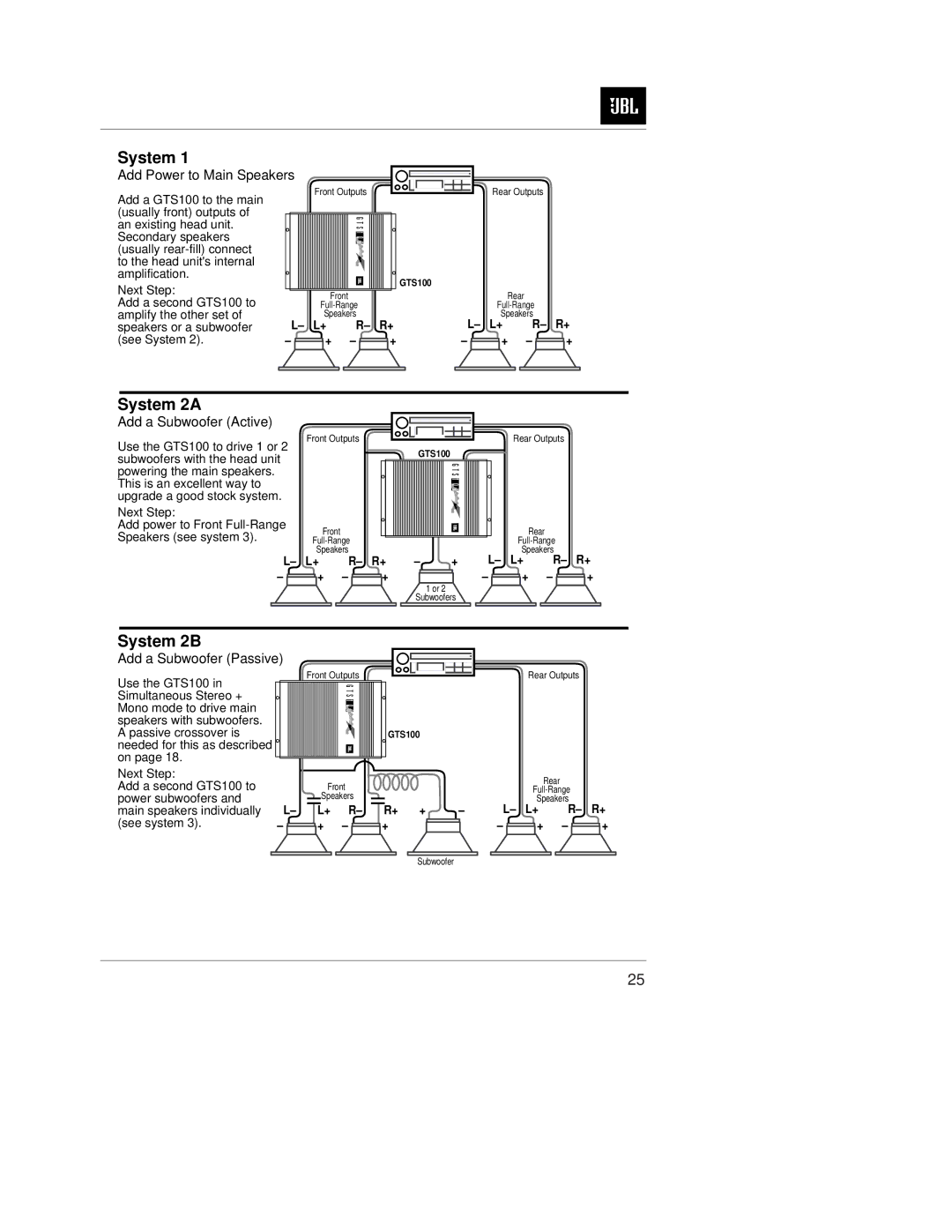 JBL GTS100 owner manual Add Power to Main Speakers, Add a Subwoofer Active, Add a Subwoofer Passive 