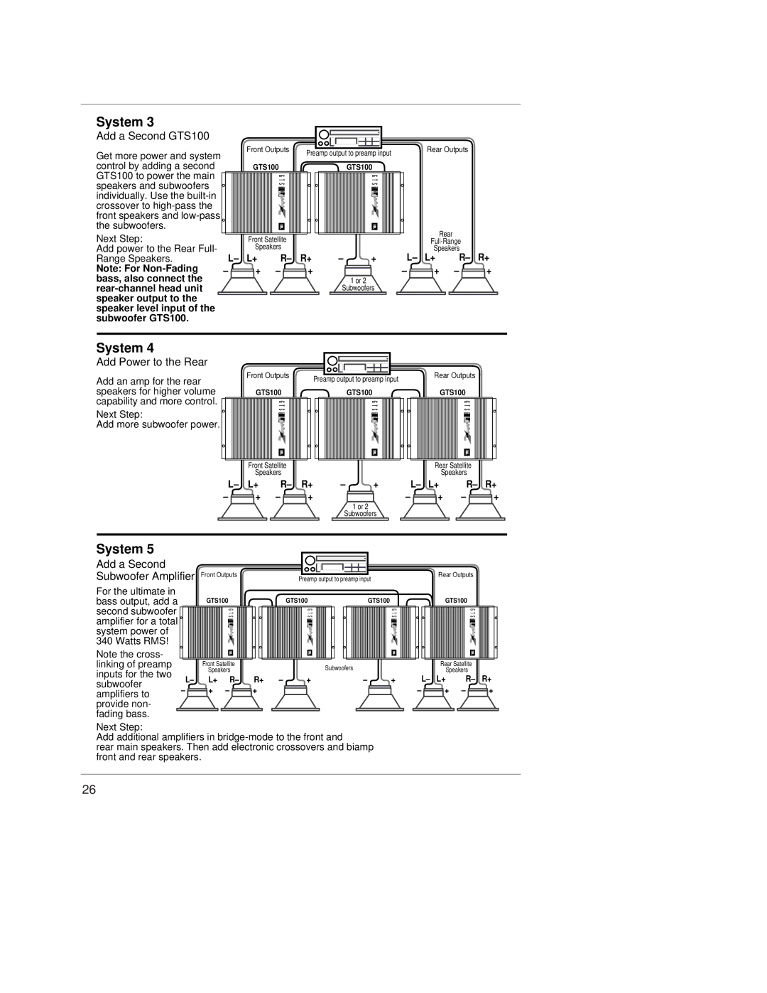 JBL owner manual Add a Second GTS100, Add Power to the Rear, Add a Second Subwoofer Amplifier Front Outputs 