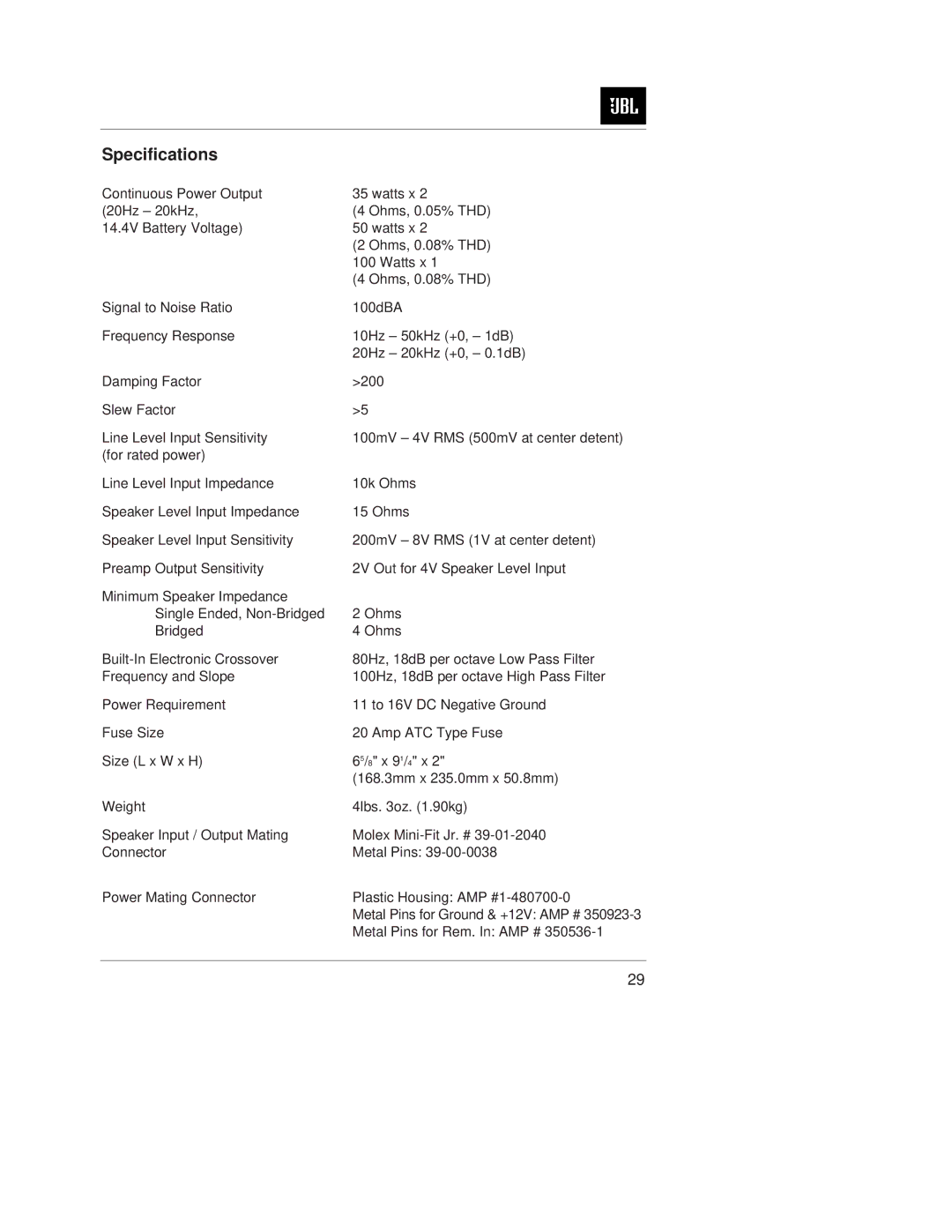 JBL GTS100 owner manual Specifications, Metal Pins for Rem. In AMP # 