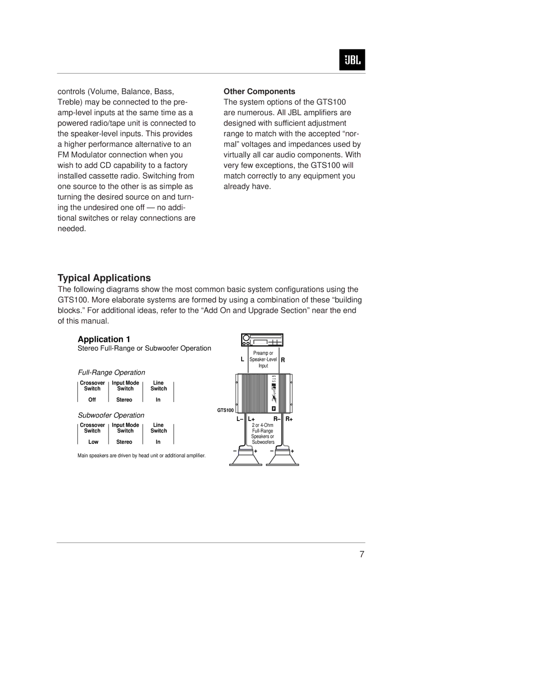 JBL GTS100 owner manual Typical Applications, Other Components 