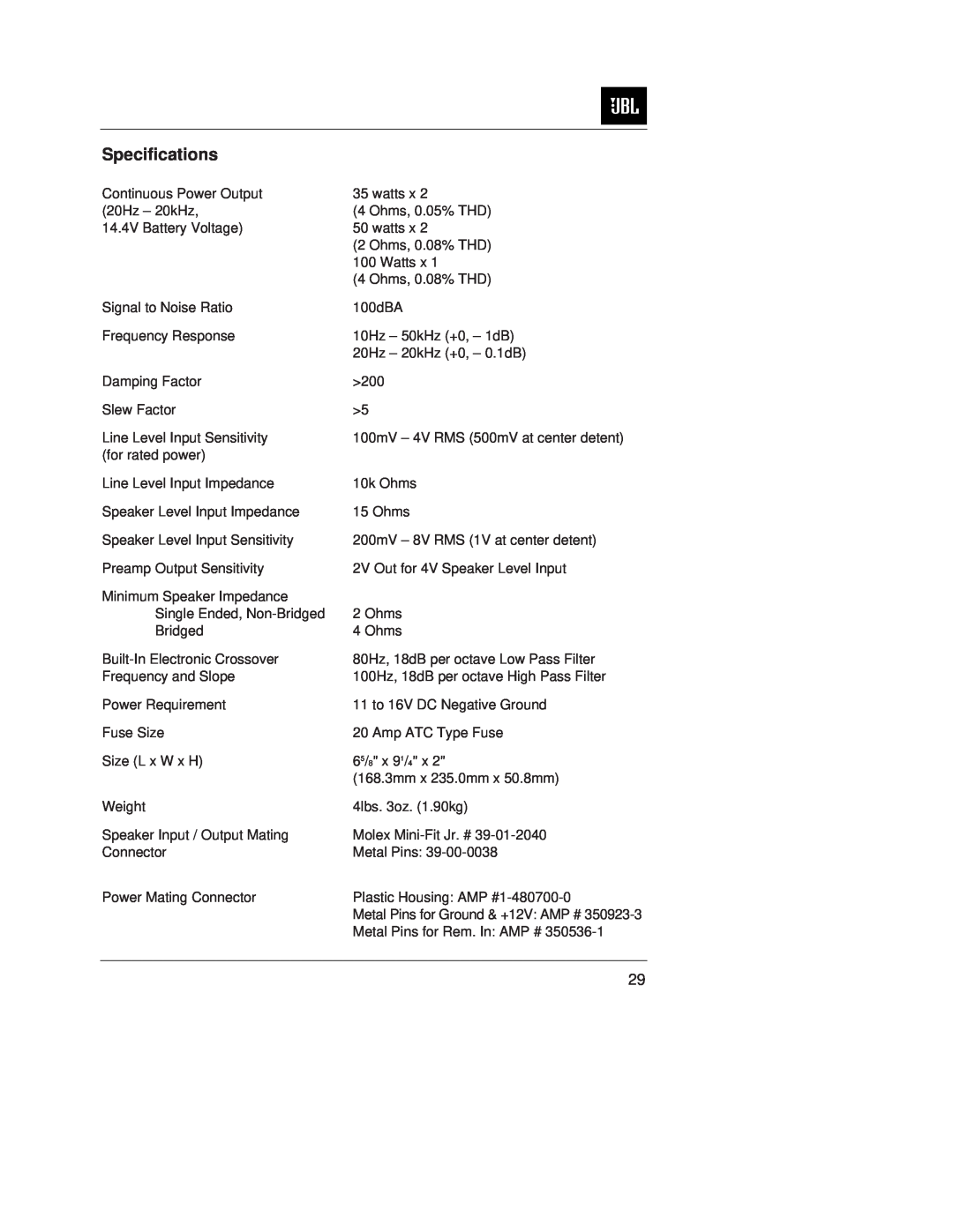 JBL GTS100 owner manual Specifications 