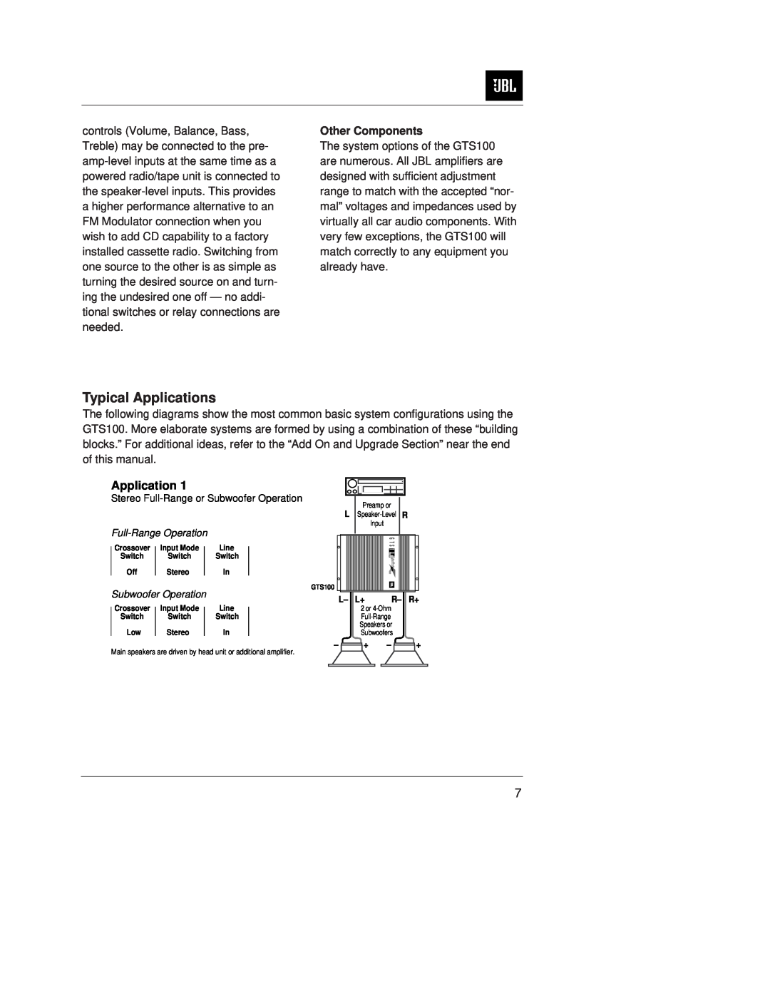 JBL GTS100 owner manual Typical Applications, Other Components 