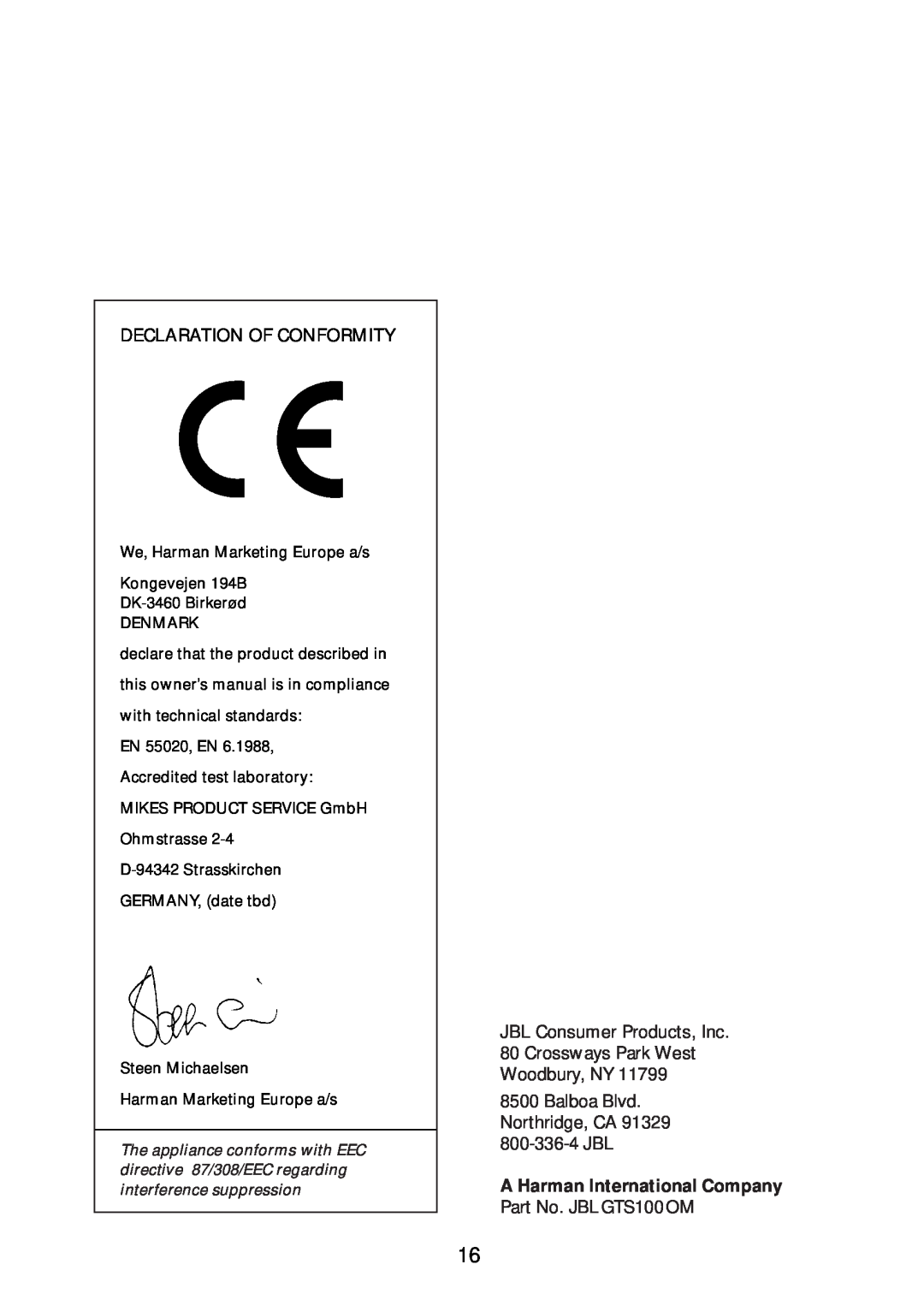 JBL GTS300, GTS600 manual Declaration Of Conformity, JBL Consumer Products, Inc 80 Crossways Park West, 800-336-4JBL 