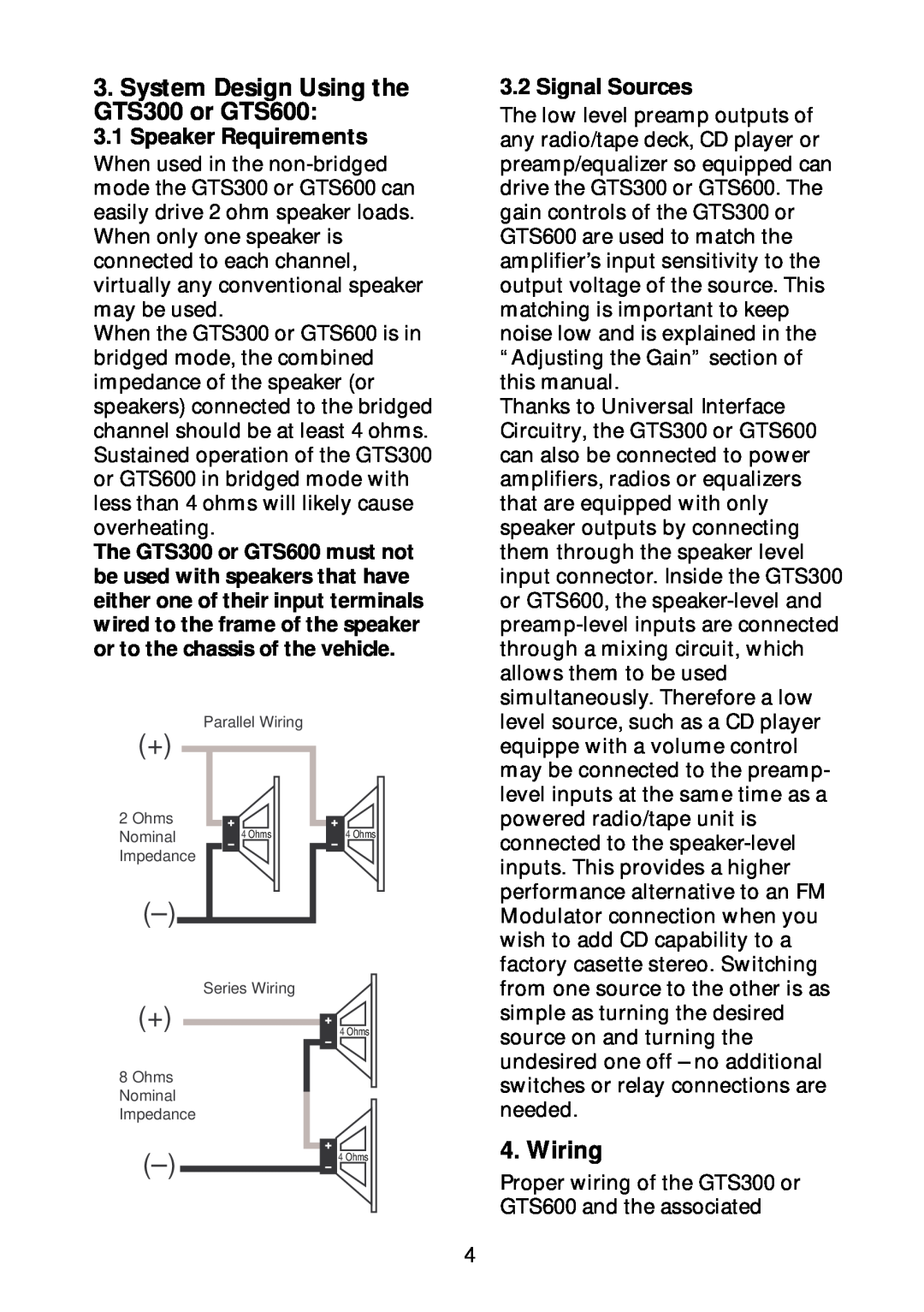 JBL manual System Design Using the GTS300 or GTS600, Wiring, Speaker Requirements, Signal Sources 