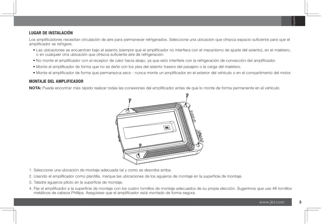 JBL GX-A602, GX-A3001 owner manual Lugar DE Instalación, Montaje DEL Amplificador 