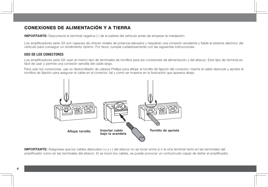 JBL GX-A3001, GX-A602 Conexiones de alimentación y a tierra, Uso de los conectores, Aflojar tornillo Insertar cable 