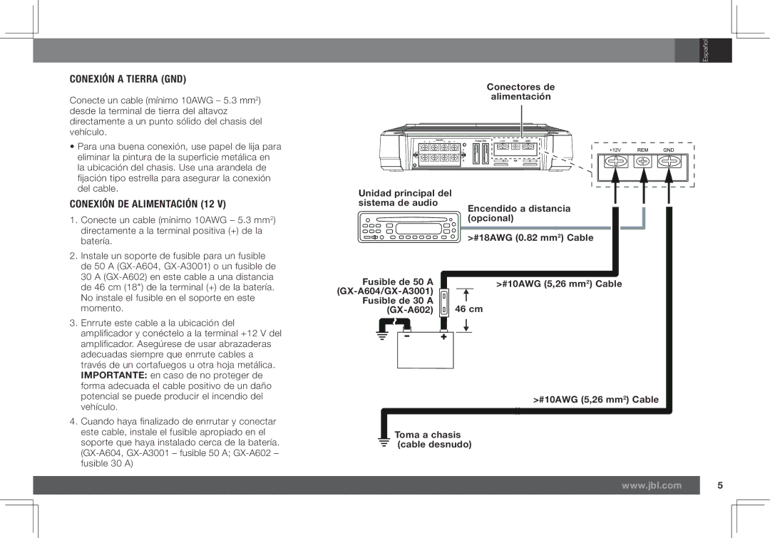 JBL GX-A602, GX-A3001 owner manual Conexión a Tierra GND, Conexión DE Alimentación 12 