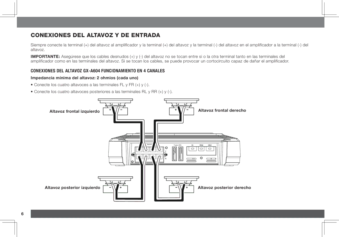 JBL GX-A3001, GX-A602 Conexiones del altavoz y de entrada, Conexiones del altavoz GX-A604 Funcionamiento en 4 canales 