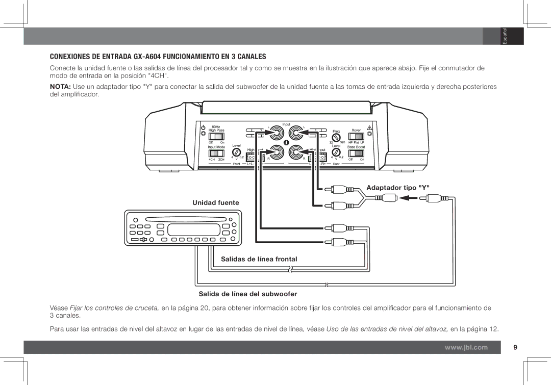 JBL GX-A602, GX-A3001 Conexiones DE Entrada GX-A604 Funcionamiento EN 3 Canales, Adaptador tipo Y, Unidad fuente 