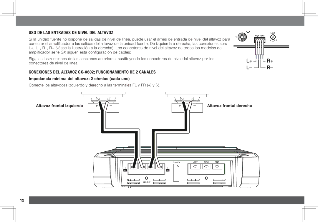 JBL GX-A3001 Uso de las entradas de nivel del altavoz, Conexiones del altavoz GX-A602 funcionamiento de 2 canales 