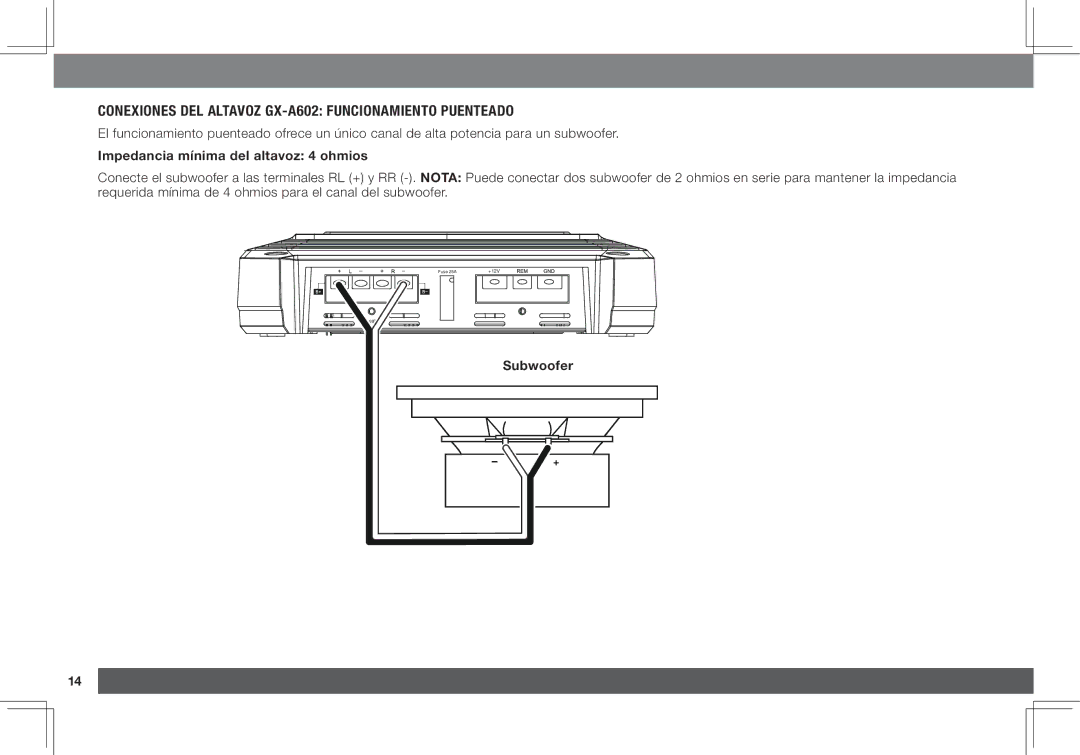 JBL GX-A3001 owner manual Conexiones del altavoz GX-A602 Funcionamiento puenteado, Impedancia mínima del altavoz 4 ohmios 