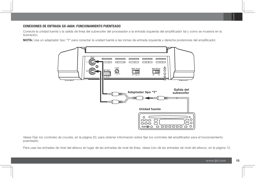 JBL GX-A602, GX-A3001 owner manual Conexiones DE Entrada GX-A604 Funcionamiento Puenteado, Adaptador tipo Y Salida del 