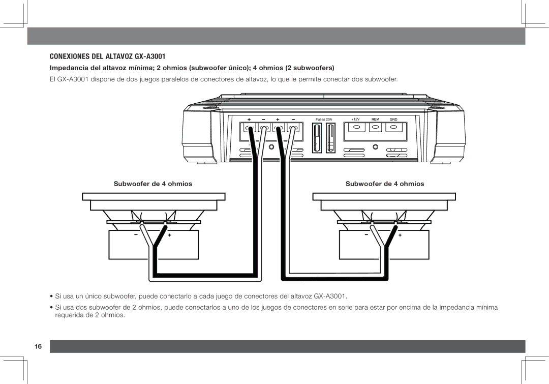 JBL GX-A3001, GX-A602 owner manual Conexiones del altavoz gx-a3001, Subwoofer de 4 ohmios 