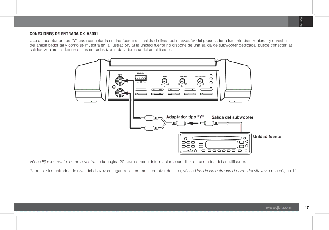 JBL GX-A602 owner manual Conexiones DE Entrada GX-A3001, Adaptador tipo Y Salida del subwoofer Unidad fuente 