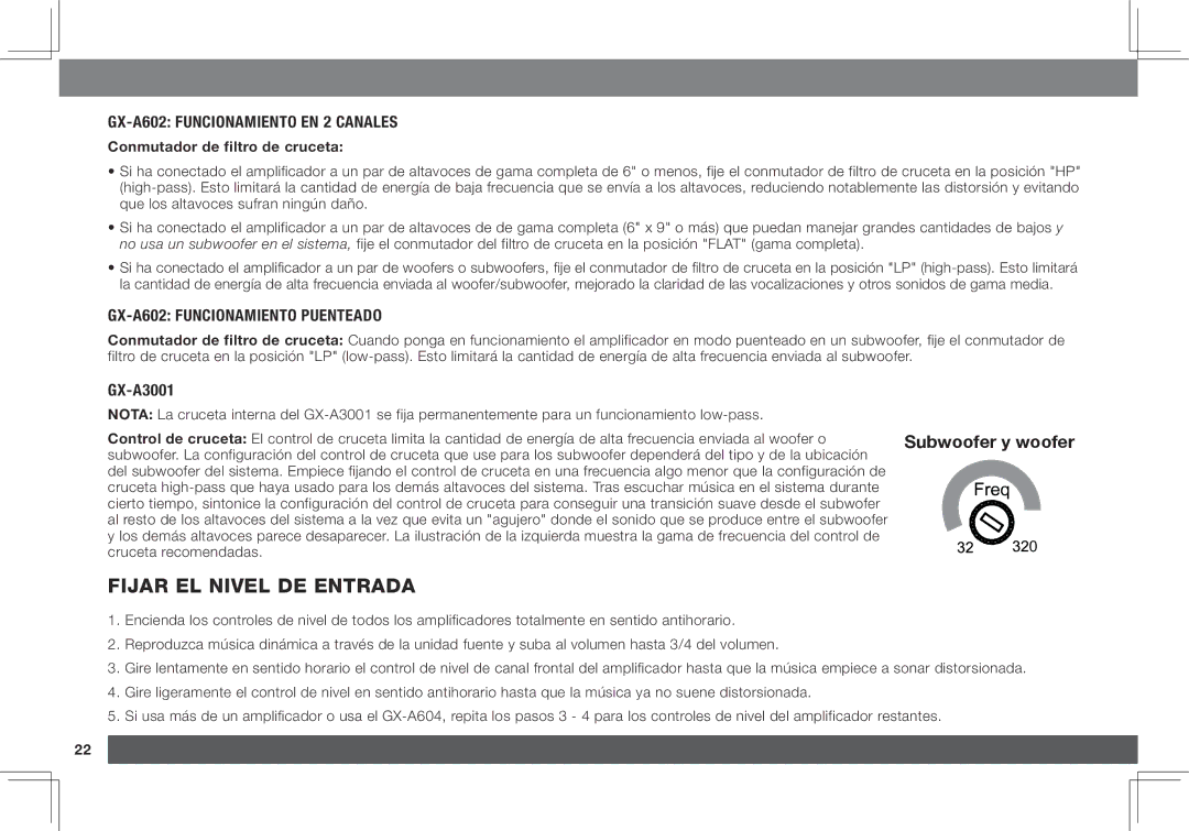 JBL GX-A3001 owner manual Fijar el nivel de entrada, GX-A602 Funcionamiento en 2 canales, GX-A602 Funcionamiento puenteado 