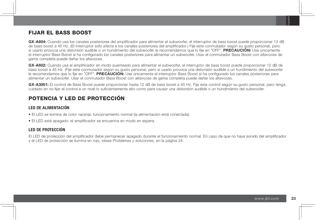 JBL GX-A602, GX-A3001 owner manual Fijar EL Bass Boost, Potencia Y LED DE Protección, LED DE Alimentación 