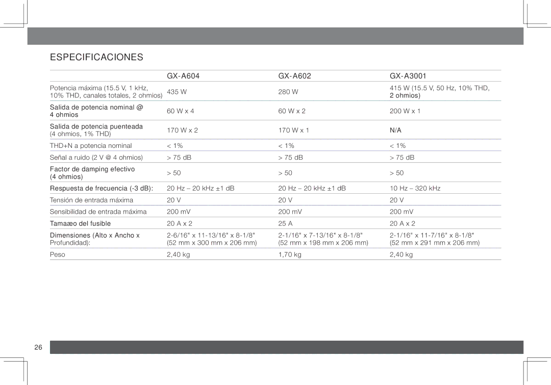 JBL owner manual Especificaciones, GX-A604 GX-A602 GX-A3001 