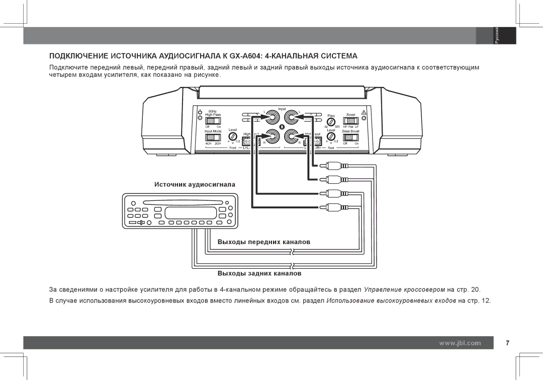 JBL GX-A602, GX-A3001 owner manual Источник аудиосигнала, Выходы передних каналов Выходы задних каналов 