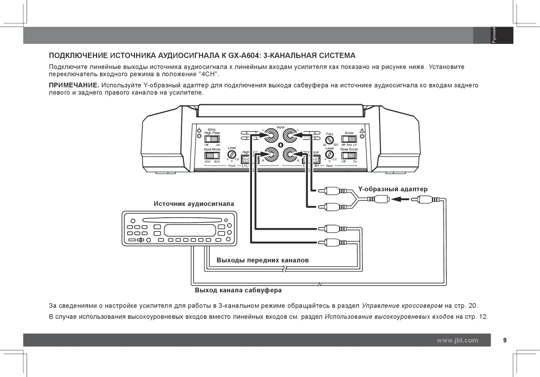 JBL GX-A602, GX-A3001 owner manual Образный адаптер, Выходы передних каналов Выход канала сабвуфера 