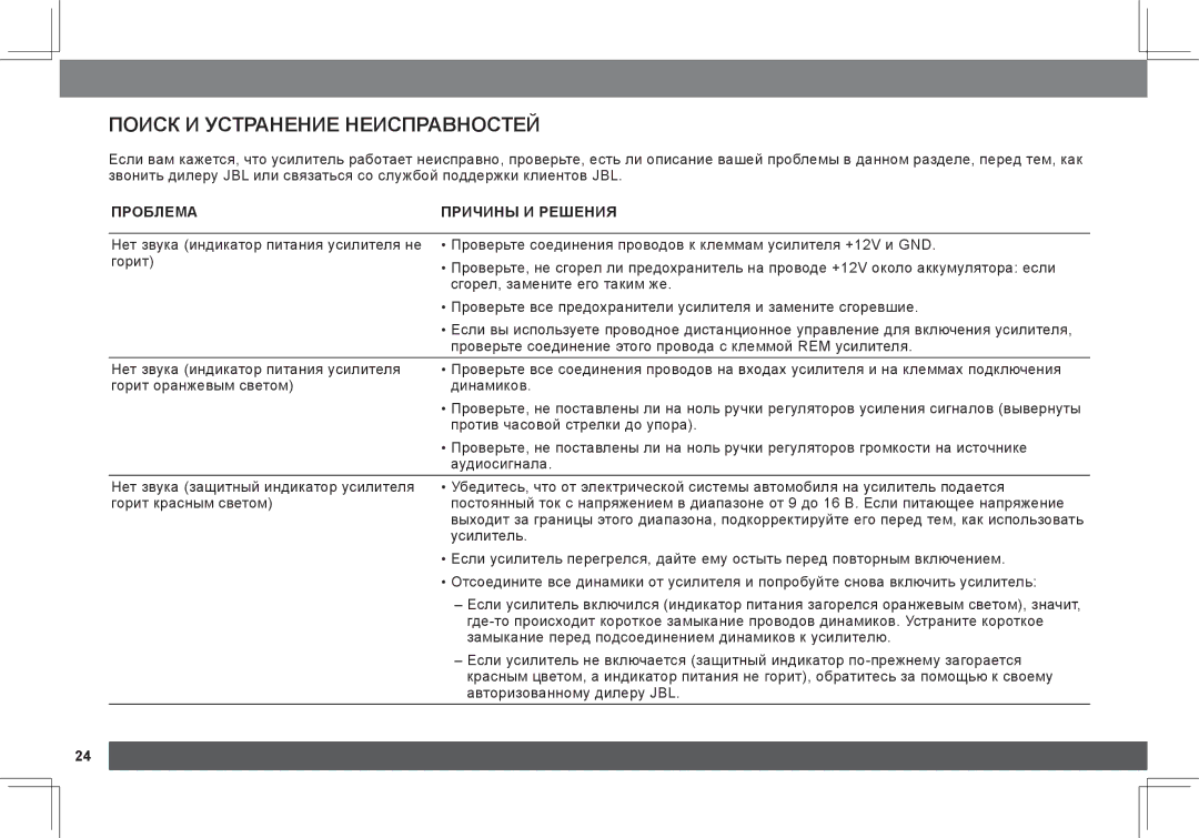 JBL GX-A3001, GX-A602 owner manual Поиск и устРанение неиспРавностей, ПРоБлеМа ПРиЧины и РеШения 