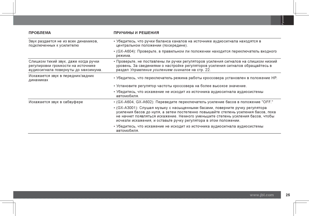 JBL GX-A602, GX-A3001 owner manual Раздел Управление усилением сигналов на стр 