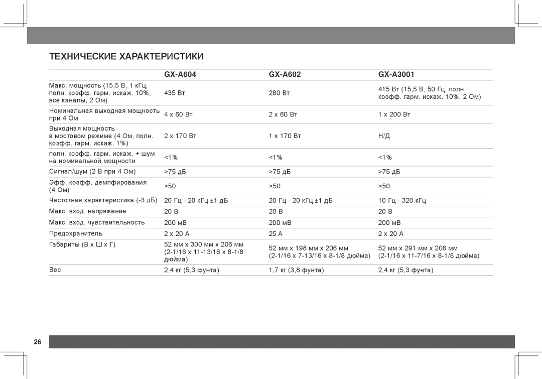 JBL owner manual Технические характеристики, GX-A604 GX-A602 GX-A3001 