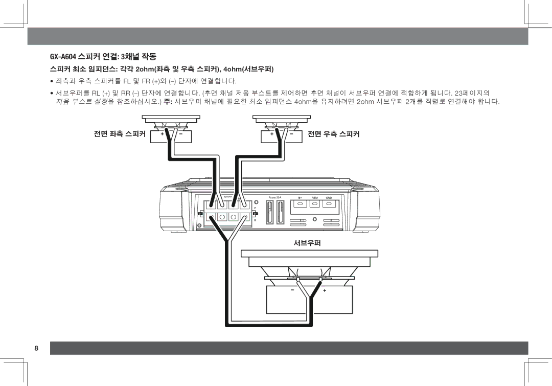 JBL GX-A3001, GX-A602 owner manual GX-A604 스피커 연결 3채널 작동, 스피커 최소 임피던스 각각 2ohm좌측 및 우측 스피커, 4ohm서브우퍼 