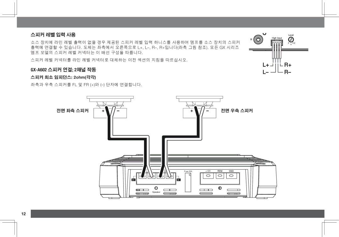 JBL GX-A3001, GX-A602 owner manual 스피커 레벨 입력 사용, GX-a602 스피커 연결 2채널 작동 