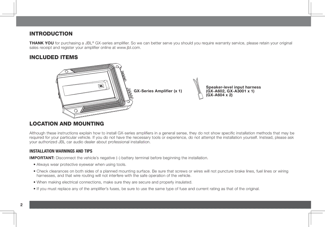 JBL GX-A3001, GX-A602 owner manual Introduction Included items, Location and mounting, Installation Warnings and Tips 