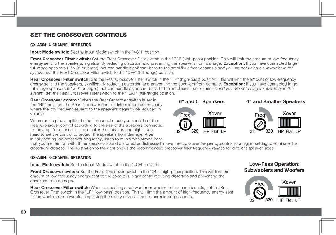 JBL GX-A3001, GX-A602 owner manual Set the crossover controls, GX-A604 4-Channel Operation, GX-A604 3-Channel Operation 