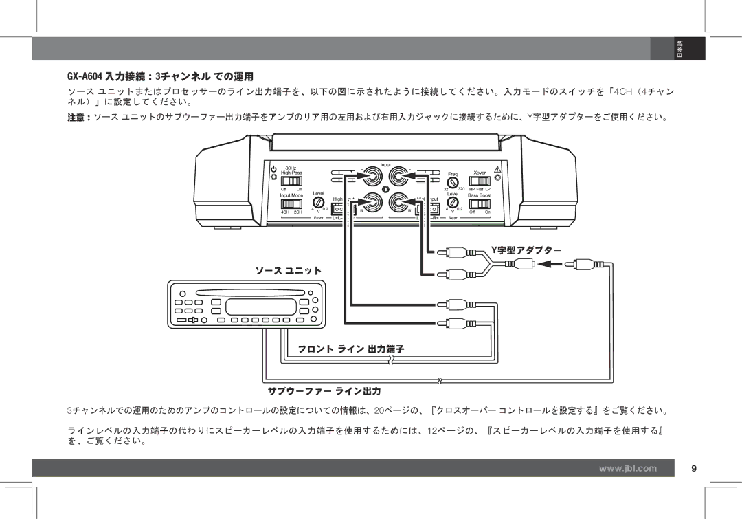 JBL GX-A602, GX-A3001 owner manual GX-A604入力接続：3チャンネル での運用, フロント ライン 出力端子 サブウーファー ライン出力 