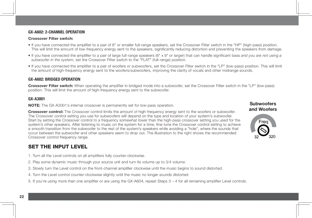 JBL GX-A3001 Set the Input level, GX-A602 2-Channel Operation, GX-A602 Bridged Operation, Crossover Filter switch 