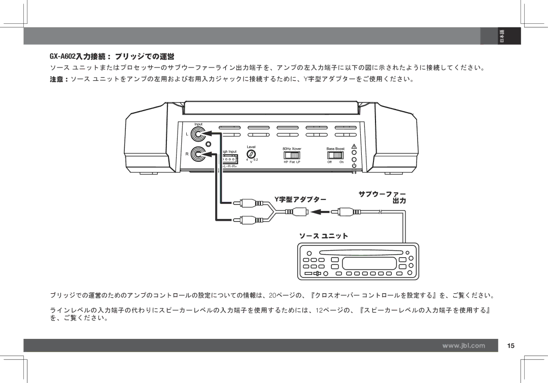 JBL GX-A3001 owner manual GX-A602入力接続： ブリッジでの運営, Y字型アダプター サブウーファー ソース ユニット 