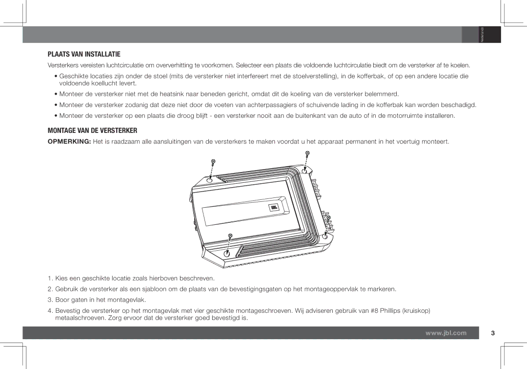 JBL GX-A602, GX-A3001 owner manual Plaats VAN Installatie, Montage VAN DE Versterker 