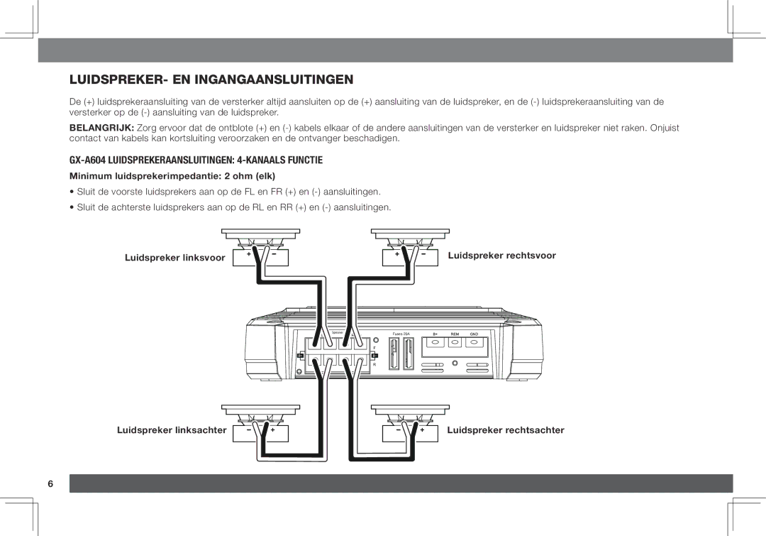 JBL GX-A3001, GX-A602 owner manual Luidspreker- en ingangaansluitingen, GX-A604 luidsprekeraansluitingen 4-kanaals functie 