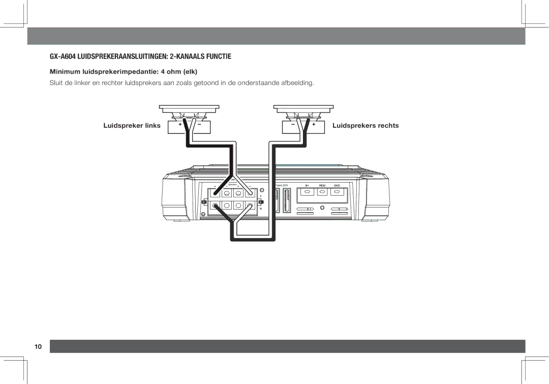 JBL GX-A3001, GX-A602 GX-A604 luidsprekeraansluitingen 2-kanaals functie, Minimum luidsprekerimpedantie 4 ohm elk 