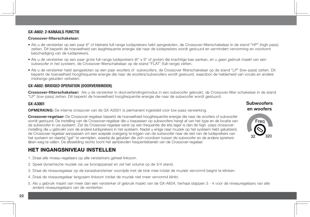 JBL GX-A3001 owner manual Het ingangsniveau instellen, GX-A602 2-kanaals functie, GX-A602 Bridged Operation doorverbinden 