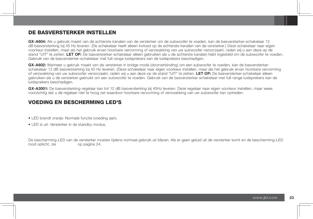 JBL GX-A602, GX-A3001 owner manual DE Basversterker Instellen, Voeding EN Bescherming Leds, Voeding-Led, Bescherming-Led 