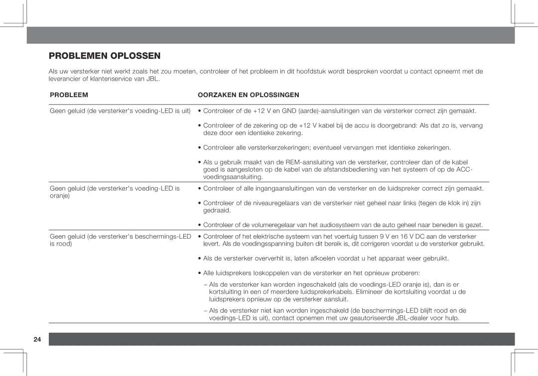 JBL GX-A3001, GX-A602 owner manual Problemen Oplossen, Probleem Oorzaken EN Oplossingen 