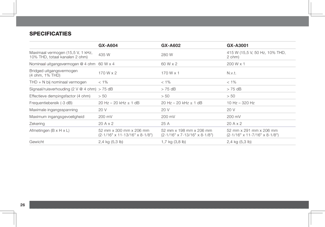 JBL owner manual Specificaties, GX-A604 GX-A602 GX-A3001 