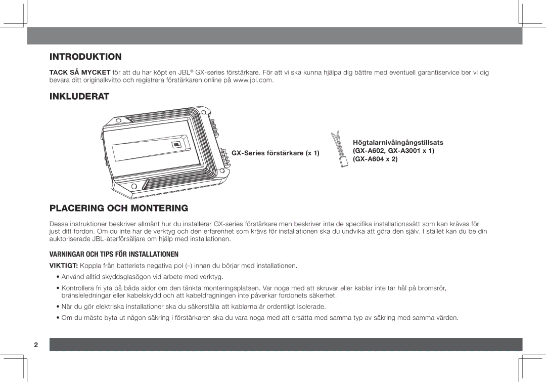 JBL GX-A3001, GX-A602 owner manual Introduktion Inkluderat, Placering och montering, Varningar och tips för installationen 