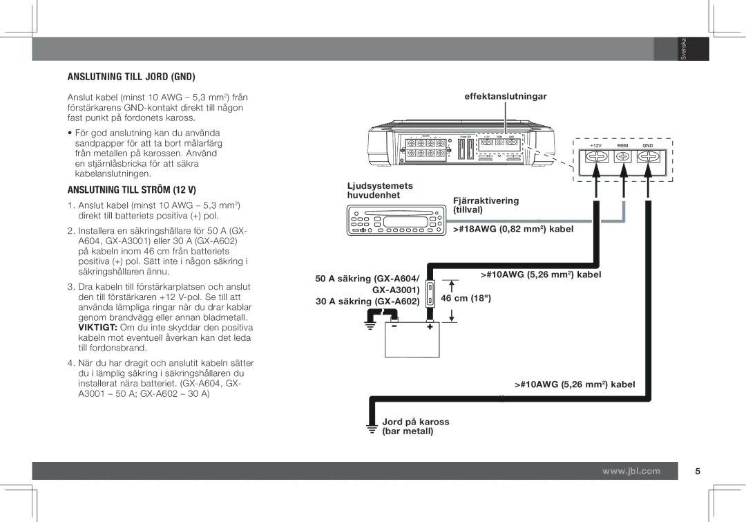 JBL GX-A602, GX-A3001 owner manual Anslutning Till Jord GND, Anslutning Till Ström 12, Fjärraktivering Tillval 