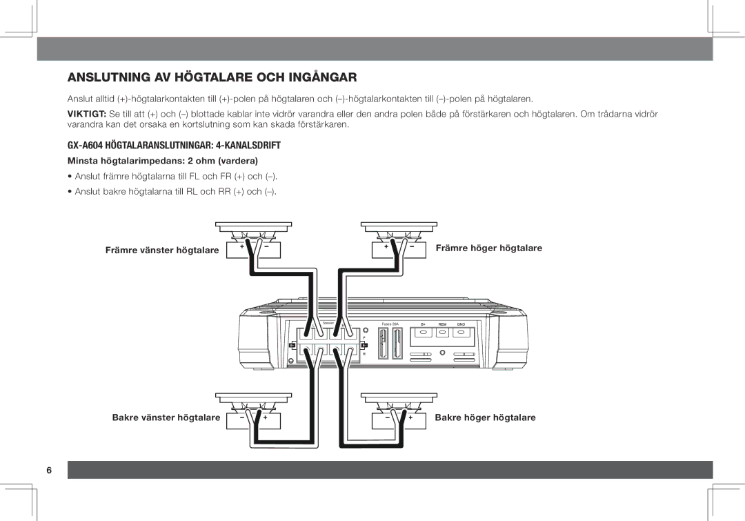 JBL GX-A3001, GX-A602 owner manual Anslutning av högtalare och ingångar, GX-A604 högtalaranslutningar 4-kanalsdrift 